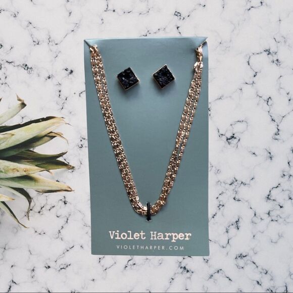 Violet Harper Isla Layered Necklace & Black Druzy Earring Set - New in Box - Picture 1 of 7